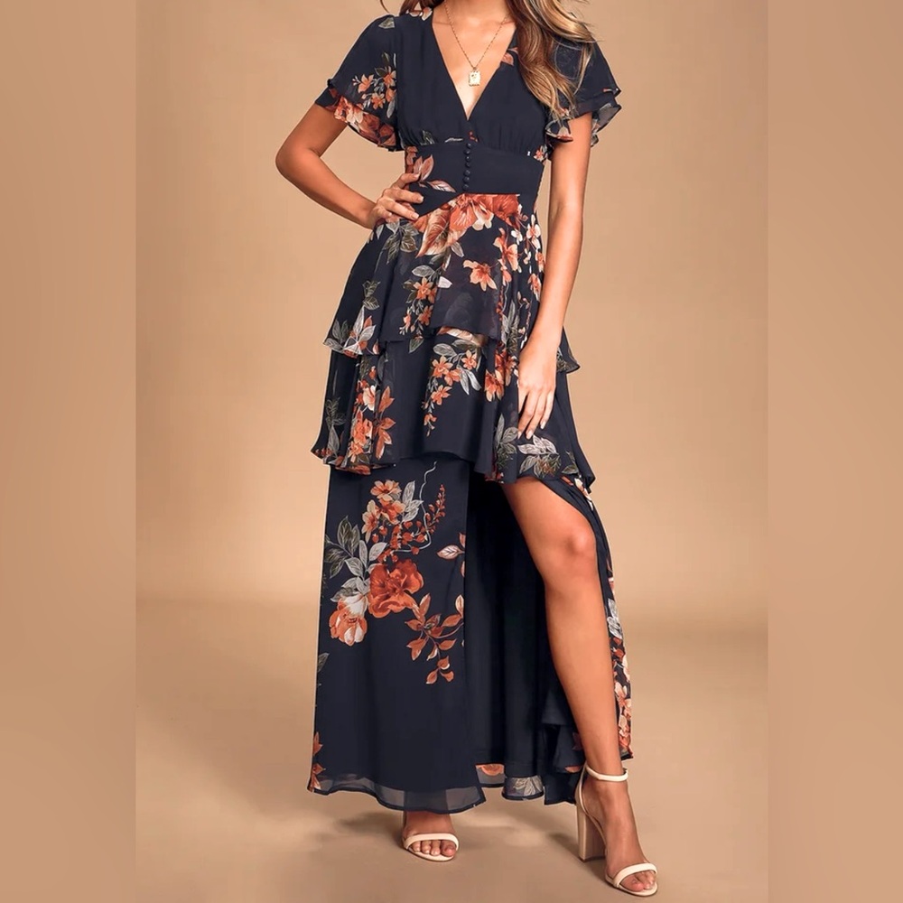 Lulus Midnight Mood Navy Blue Floral Print Tiered Maxi Dress Size L $88
